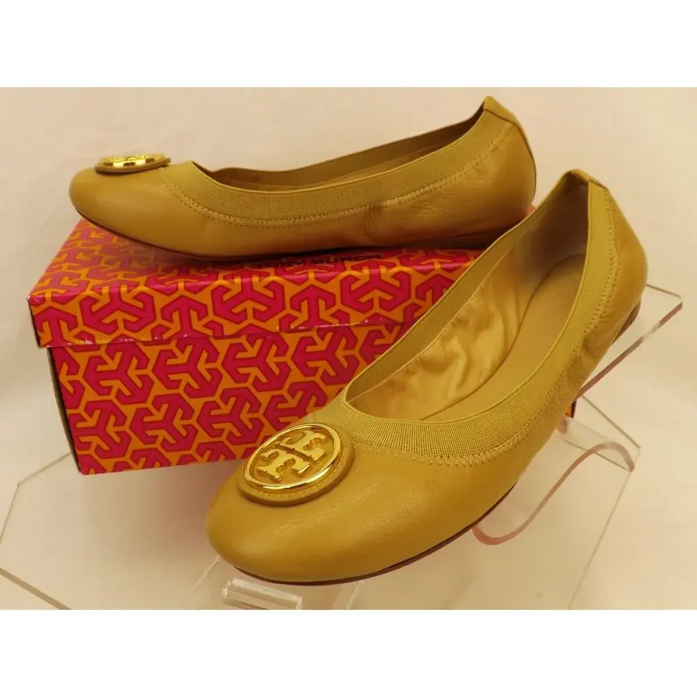 NIB TORY BURCH CAROLINE 2 DARK SAND LEATHER GOLD REVA NELLIE BALLET FLATS 7.5